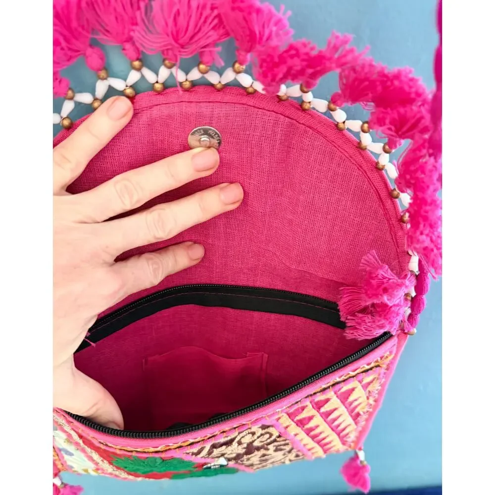 Rajasthani Banjara Patchwork Crossbody Clutch Bag Hot Pink Tassels Mirror Boho